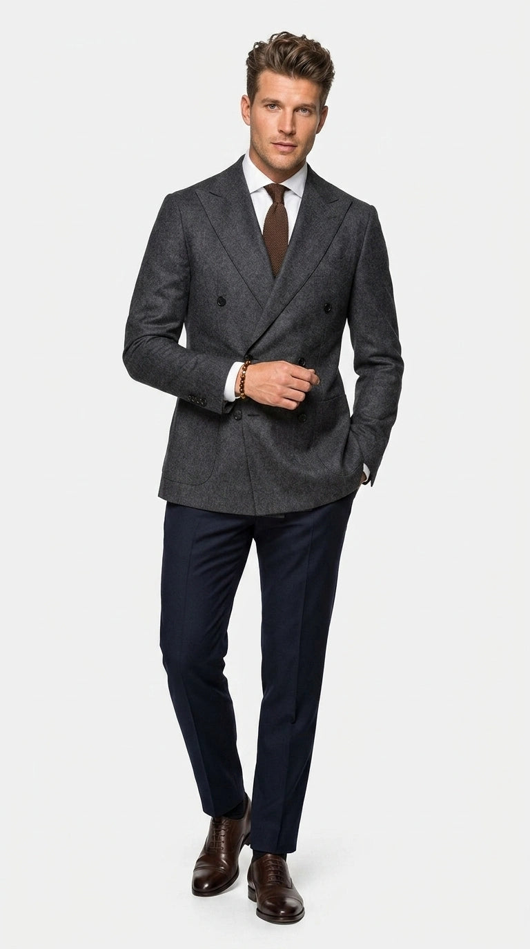 Men’s Charcoal Double Breasted Blazer, Formal Wedding Business Casual Sport Coat Jacket Wool Fabric – SuitUSA