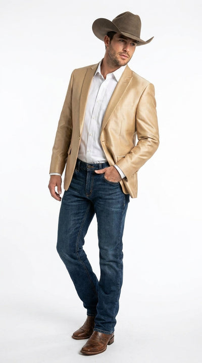 Menβs Champagne Gold Western Blazer, Formal Cowboy Wedding Ranch Sport Coat Jacket tan beige color sheen sharkskin fabric