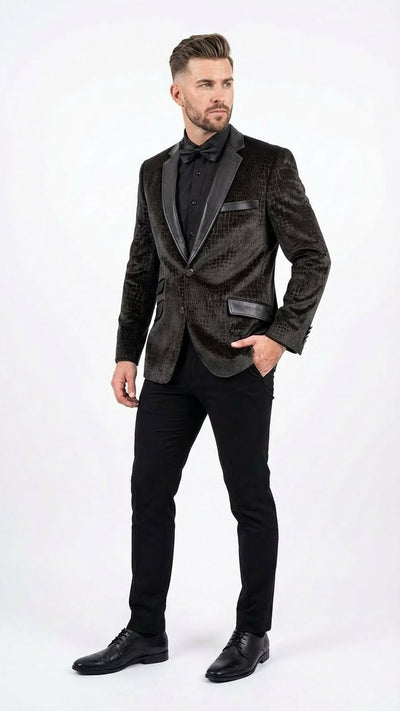 Men’s Crocodile Alligator Exotic skin Texture Blazer - Slim Fit Designer Jacket with Satin Lapels for Formal and Party Wear in Black Color USA Men's Outlet