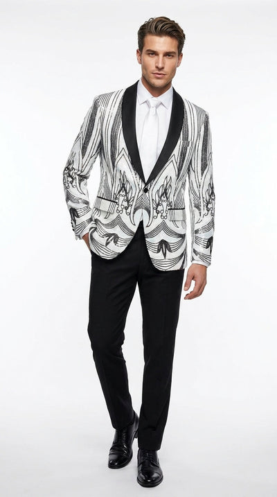 Menβs White and Black Patterned Tuxedo Blazer β Luxury Designer Dinner Jacket for Wedding, Prom and Formal Events New Year Christmas Holiday