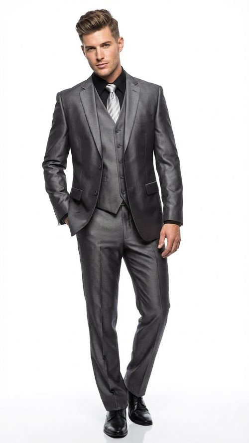 Mens Charcoal Gray Suit With Sheen - | Shiny Texture Fabric Three Piece Wedding and Party Business