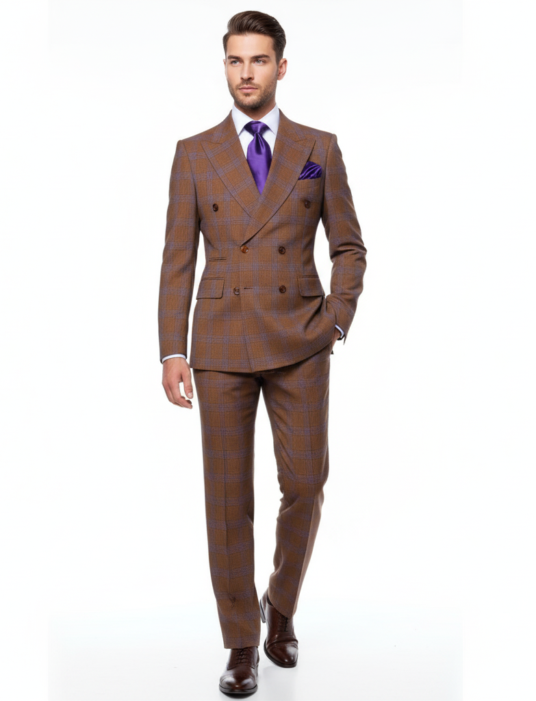 Men’s Brown Plaid Double-Breasted Suit – Premium 2-Piece Classic Checkered Windowpane Suit by Rossiman – SuitUSA