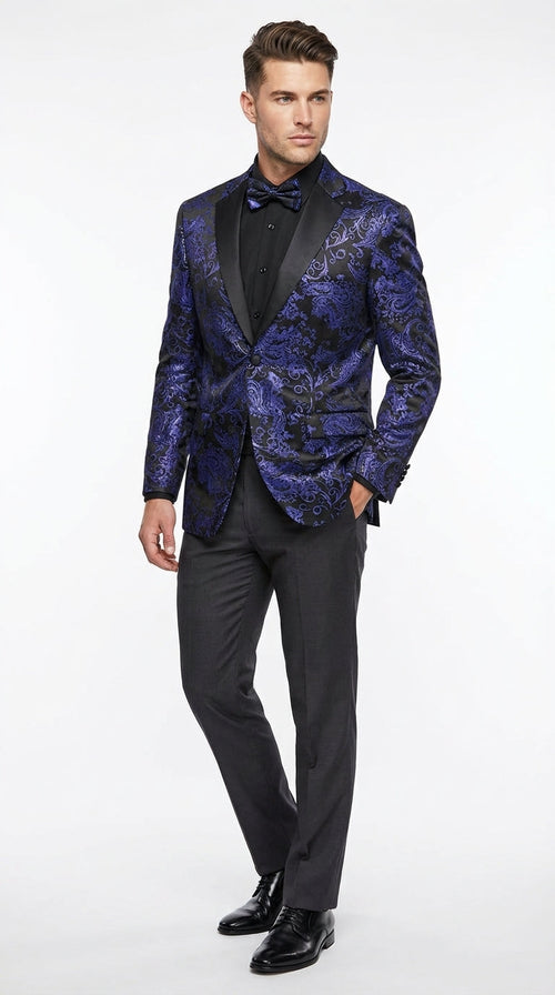 Mens Royal Blue Paisley Jacquard Blazer β Luxury Pattern Tuxedo Dinner Jacket with Black Satin Lapel for Wedding, Prom With Bowtie