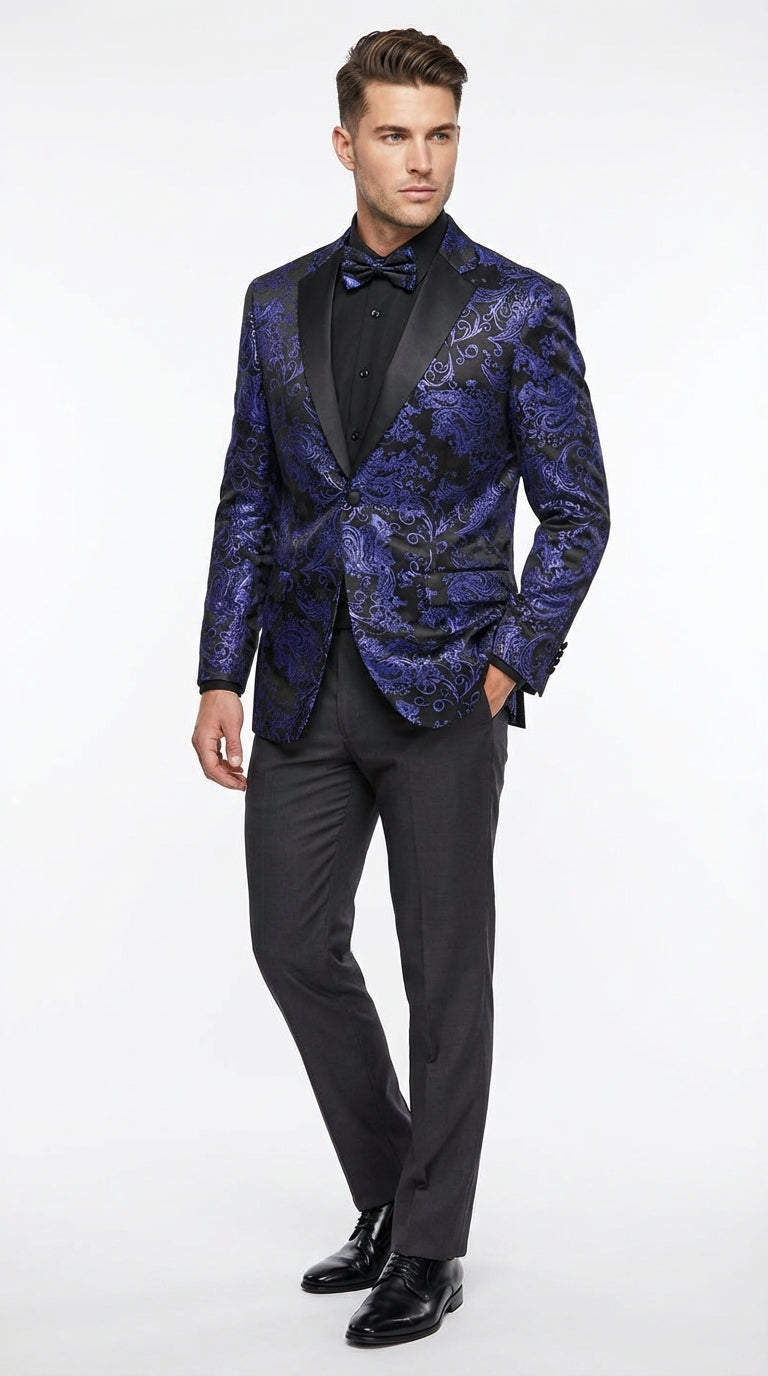 Mens Royal Blue Paisley Jacquard Blazer β Luxury Pattern Tuxedo Dinner Jacket with Black Satin Lapel for Wedding, Prom With Bowtie