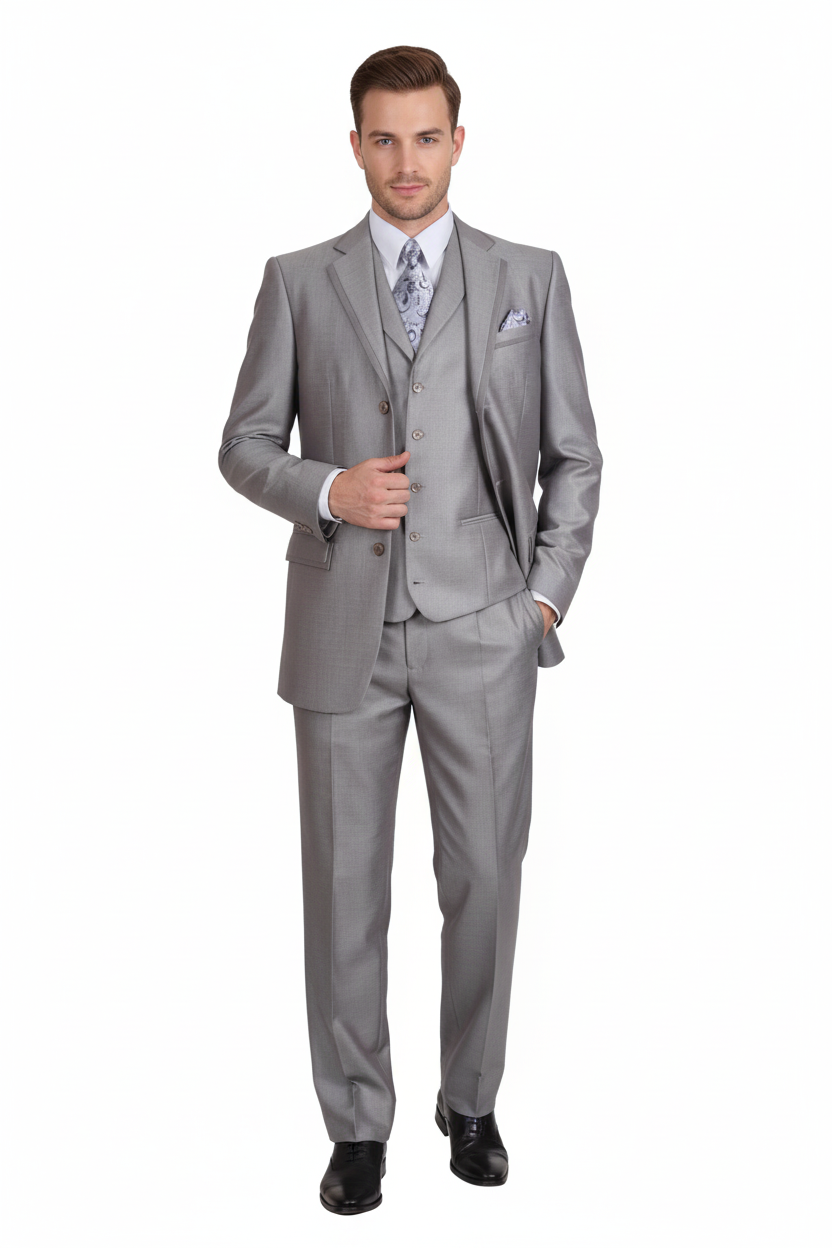Men’s Light Gray 3-Piece Modern Fit Suit with Vest – Classic Formal Business and Wedding Attire – SuitUSA