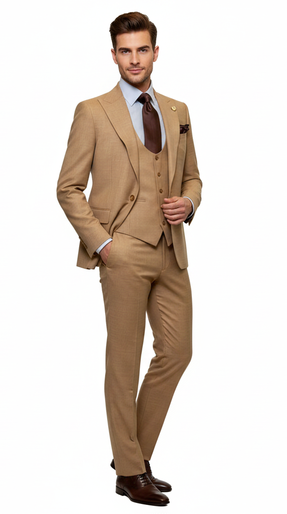 Men's Tan Three-Piece Suit with Vest – Classic Tailored Fit in camel khaki Bronze color By Rossiman – SuitUSA