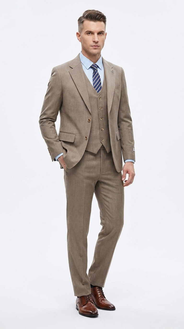 Men’s Taupe Olivish Tan 3-Piece Suit – Elegant Tan Wedding, Business & Formal Suit with Vest
