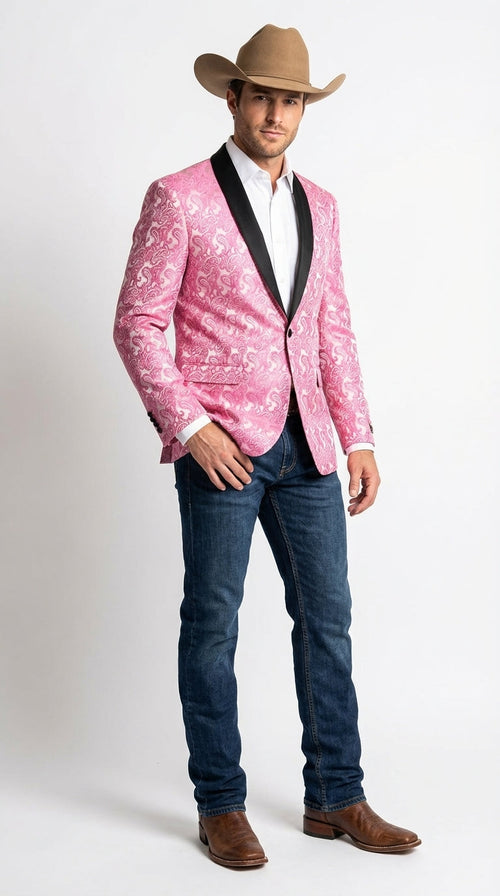 Mens Hot Pink Paisley Western Blazer Jacket β Stylish Pattern Formal Blazer with Black Shawl Lapel for Party, Wedding Cowboy Sportcoat