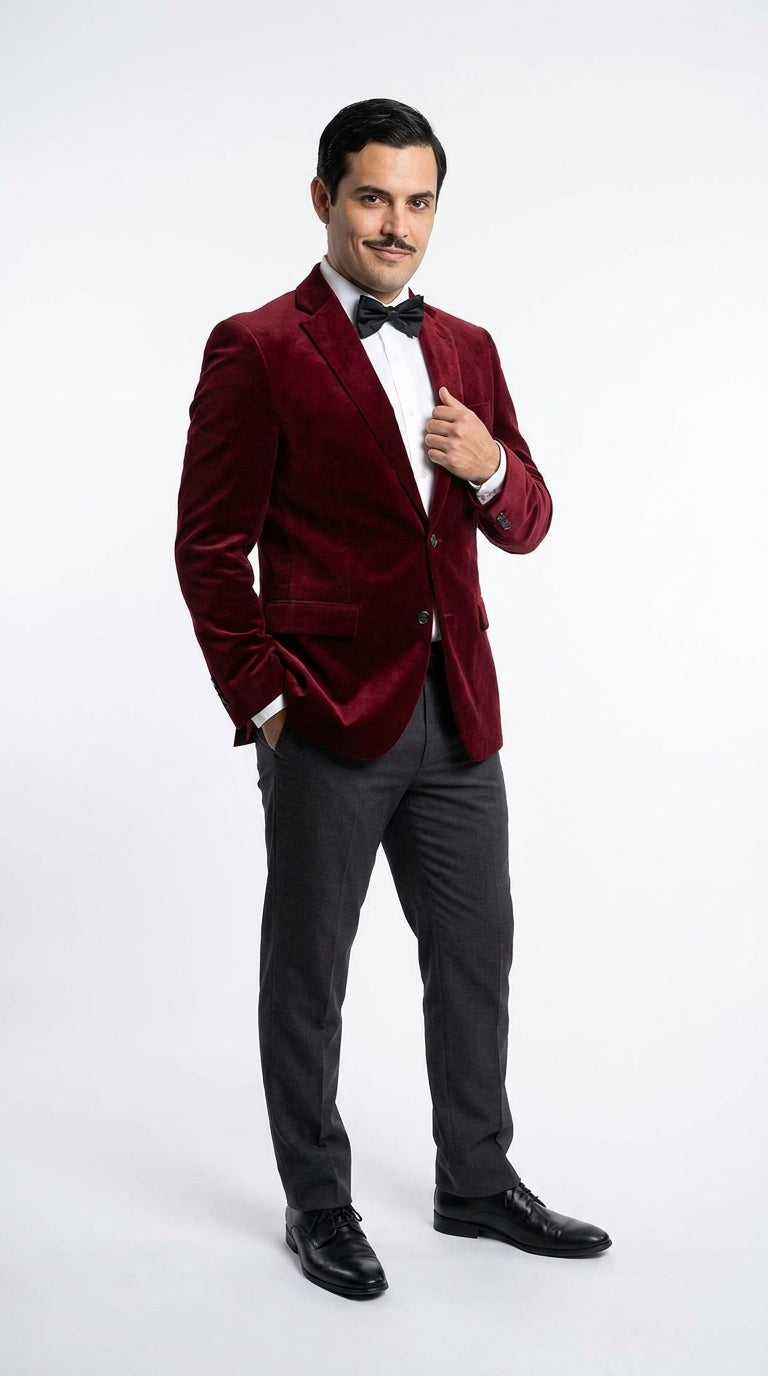 Men’s Gomez Addams Inspired Costume, Burgundy Velvet Blazer with Black Pants Formal Party Outfit Combo – SuitUSA