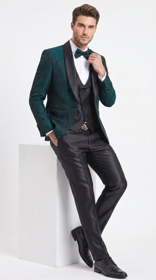 Tazzio Men’s Hunter Green & Black Paisley Tuxedo – Skinny Fit Shawl Collar 3-Piece Prom and Wedding Suit