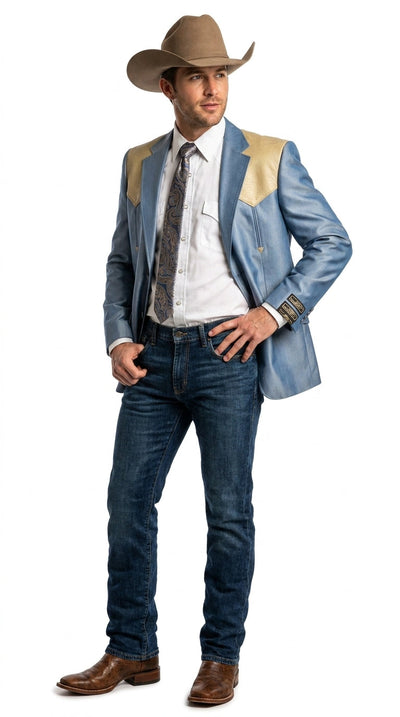 Menβs Steel - Light Blue and Bone Color Western Cowboy Blazer β Shiny Country Style Dress Jacket for Rodeo Saco De Hombre Vaquero