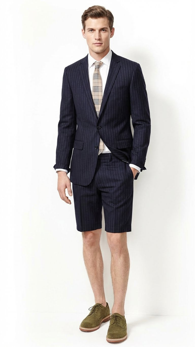 Men’s Dark Navy Blue Pinstripe or Black Pinstripe Summer Business Suit with Shorts Pants Set – Sport Coat Style Formal and Casual Outfit – SuitUSA