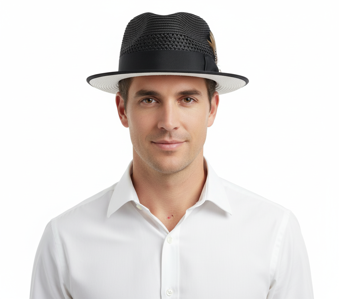 Men’s Two-Tone Black and White Fedora Hat with Feather Accent – Stylish Summer Dress Hat – SuitUSA