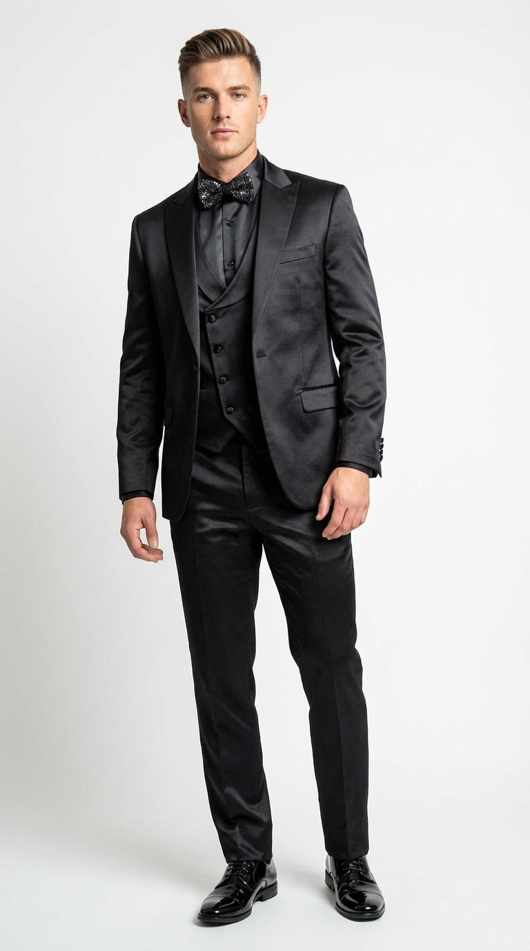 Men’s All Shiny Black Satin Suit – Black Satin Tuxedo Suit for Prom, Wedding, Formal Party and Evening Events Double breasted Vest – SuitUSA