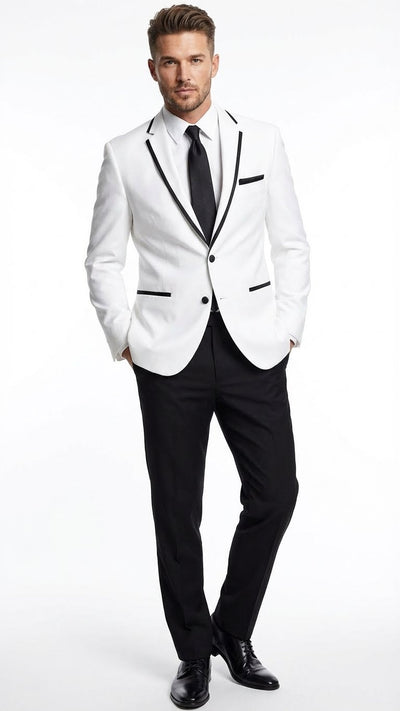 Men’s White Blazer with Black Trim - Wedding and Party Formal Blazer Jacket - White Tuxedo Prom Jacket by USA Men's Outlet