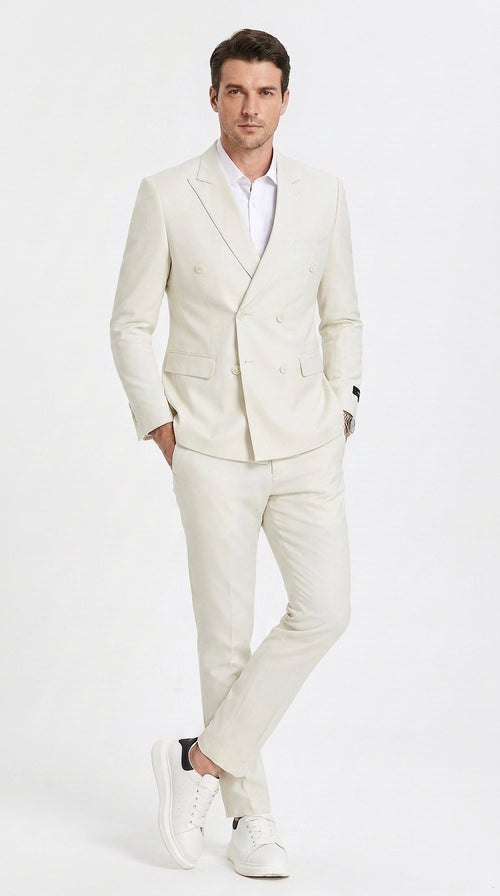 Men’s Ivory Cream Double-Breasted Linen Suit – Off-White Summer Wedding Slim Fitted 2-Piece Suit Cream Color