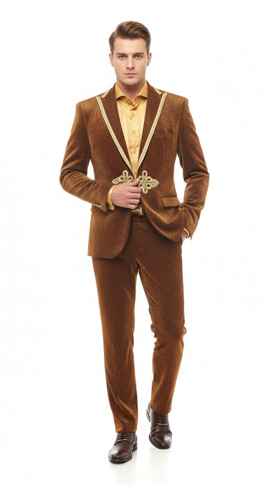 Mens Bronze Shiny Velvet Suit - Designer Party and Wedding Wear Blazer and Pant Set Brown and Gold Tuxedo by USA Men's Outlet