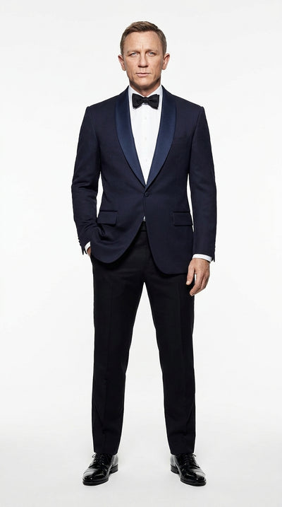 Men’s Navy James Bond Tuxedo Dinner Jacket – Satin Shawl Lapel Wedding, Prom and Black-Tie Blazer