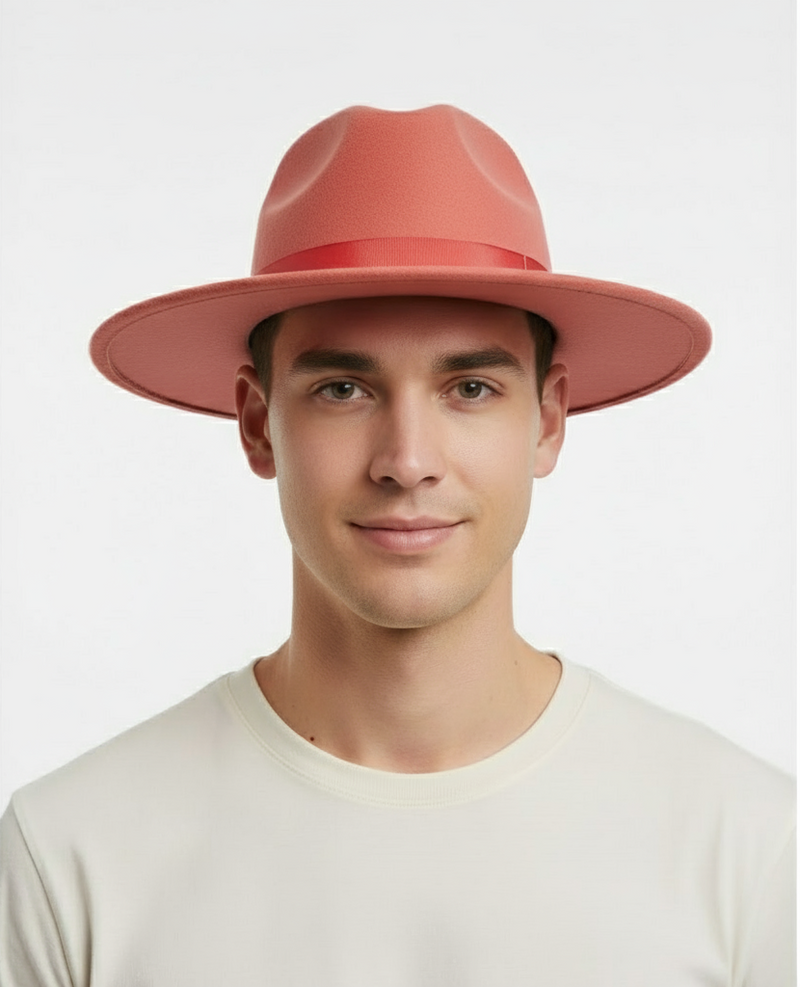 Men’s Coral Pink Wide Brim Fedora Hat – Wool Felt Dress Hat with Red Ribbon Band