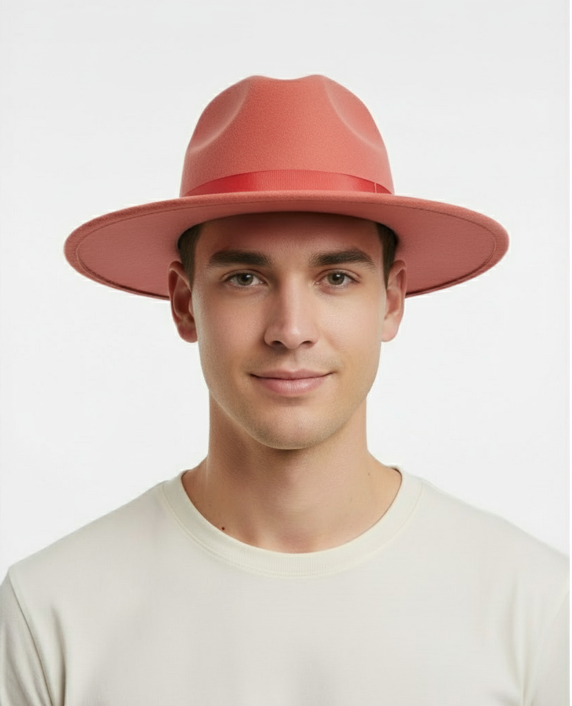 Men’s Coral Pink Wide Brim Fedora Hat – Wool Felt Dress Hat with Red Ribbon Band – SuitUSA