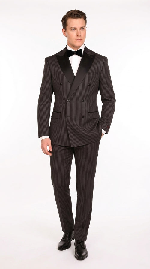 Men’s Black Shadow Pinstripe Double-Breasted Tuxedo Tone on Tone Formal Wedding Suit Modern Fit 1920s Style
