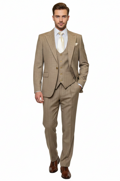 Men’s Beige Pinstripe Three-Piece Suit - Classic Fit Formal Suit with Vest and Flat-Front Pants in Tan Stripe By Rossiman USA Men's Outlet