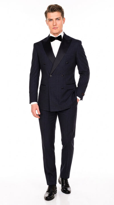 Menβs Navy Blue Double-Breasted Tuxedo β Tone-on-Tone Shadow Pinstripe Formal Wedding and Prom Suit