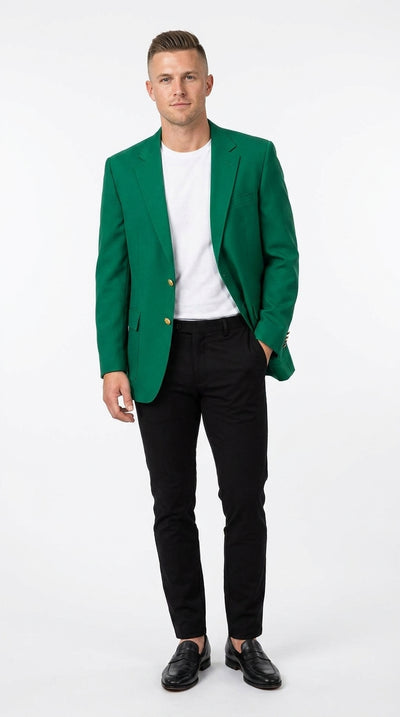 Menβs Kelly Green Blazer with Black Pants β Church, Business and Formal