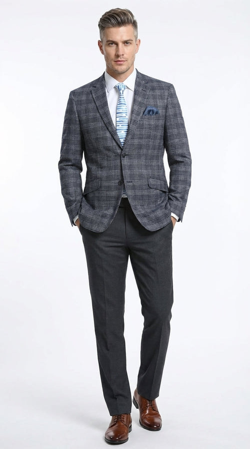 Mens Charcoal Gray with Blue Plaid Pattern Blazer Jacket β Classic Check Pattern Sport Coat for Business, Office, and Smart Casual Wear