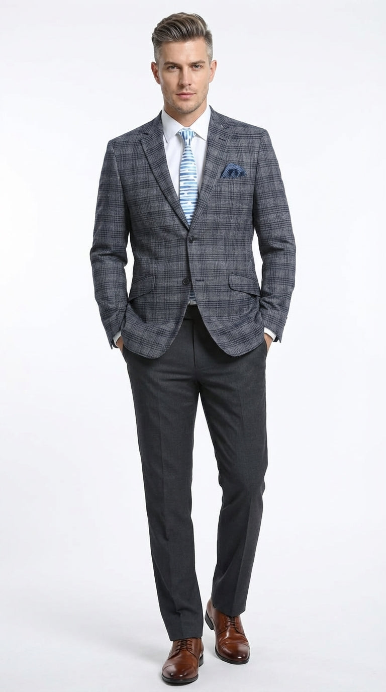 Mens Charcoal Gray with Blue Plaid Pattern Blazer Jacket β Classic Check Pattern Sport Coat for Business, Office, and Smart Casual Wear