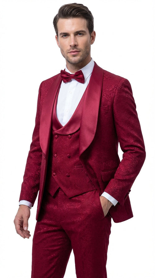 Mens Burgundy Wedding Tuxedo Suit β Paisley Three Piece Formal Suit Set with Shawl Lapel for Groom, Prom