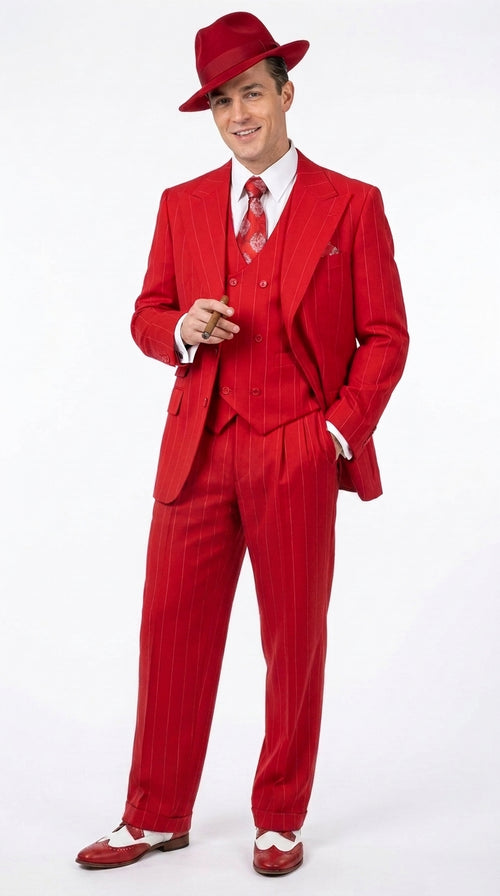 1920s Christmas Holiday Gangster Men’s Red Pinstripe 3-Piece Suit – Peak Lapel Classic Fit Pleated Pants