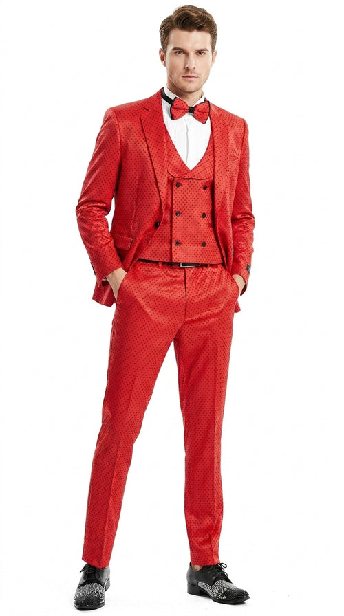Tazio Men’s Cherry Red and Black Polka-Dot 3-Piece Suit – Skinny Fit Prom, Wedding and Party Suit or Tuxedo