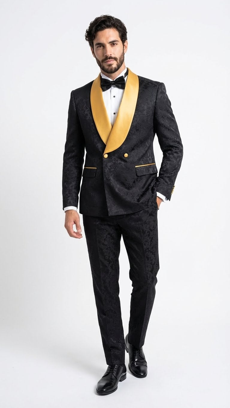 Men’s Black and Gold Jacquard Tuxedo Suit – Luxury Slim Fit Formal Wedding, Prom, and Gala Outfit – SuitUSA