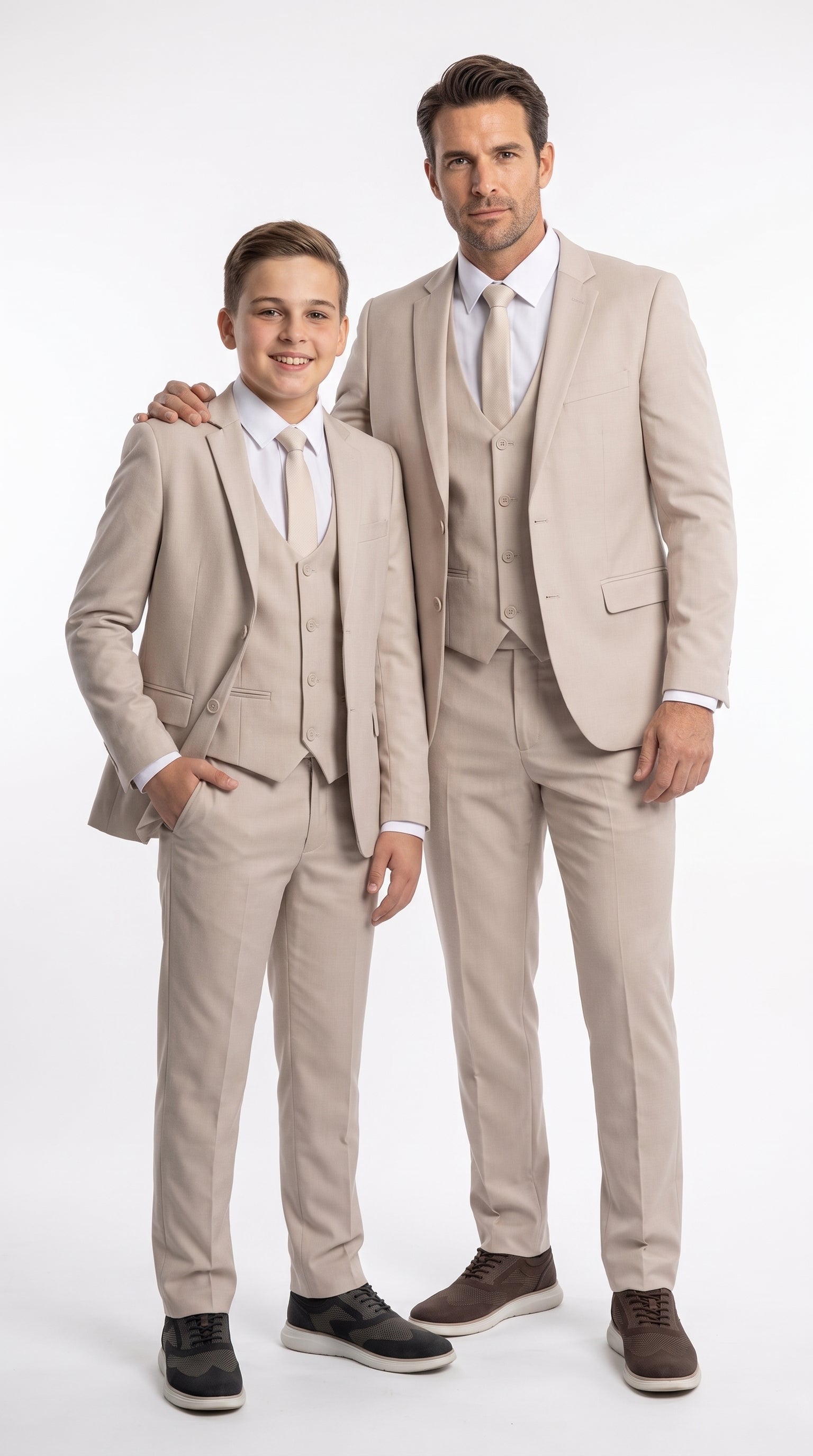 Dad & Son Matching Beige 3-Piece Suits β Father and Son Wedding Formal Suits in Tan Color