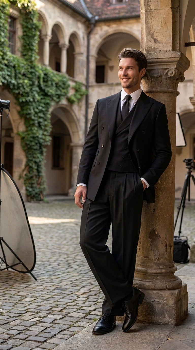 Tiglio Rosso Menβs Black Super 150βs Italian Wool 3-Piece Suit β Double-Breasted Jacket, Vest and Wide-Leg Pleated Pants