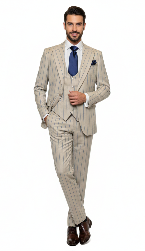 Men's Beige with blue Pinstripe Three-Piece Suit with Vest by Rossiman Vested Peak Lapel in Tan Stripe 1920s style – SuitUSA