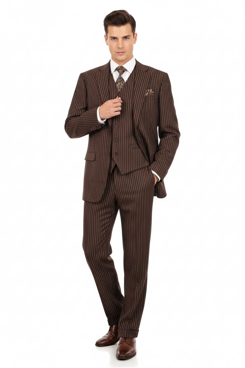 Men’s Brown Pinstripe 3-Piece Suits – Classic Business and Formal Wear with Vest – SuitUSA