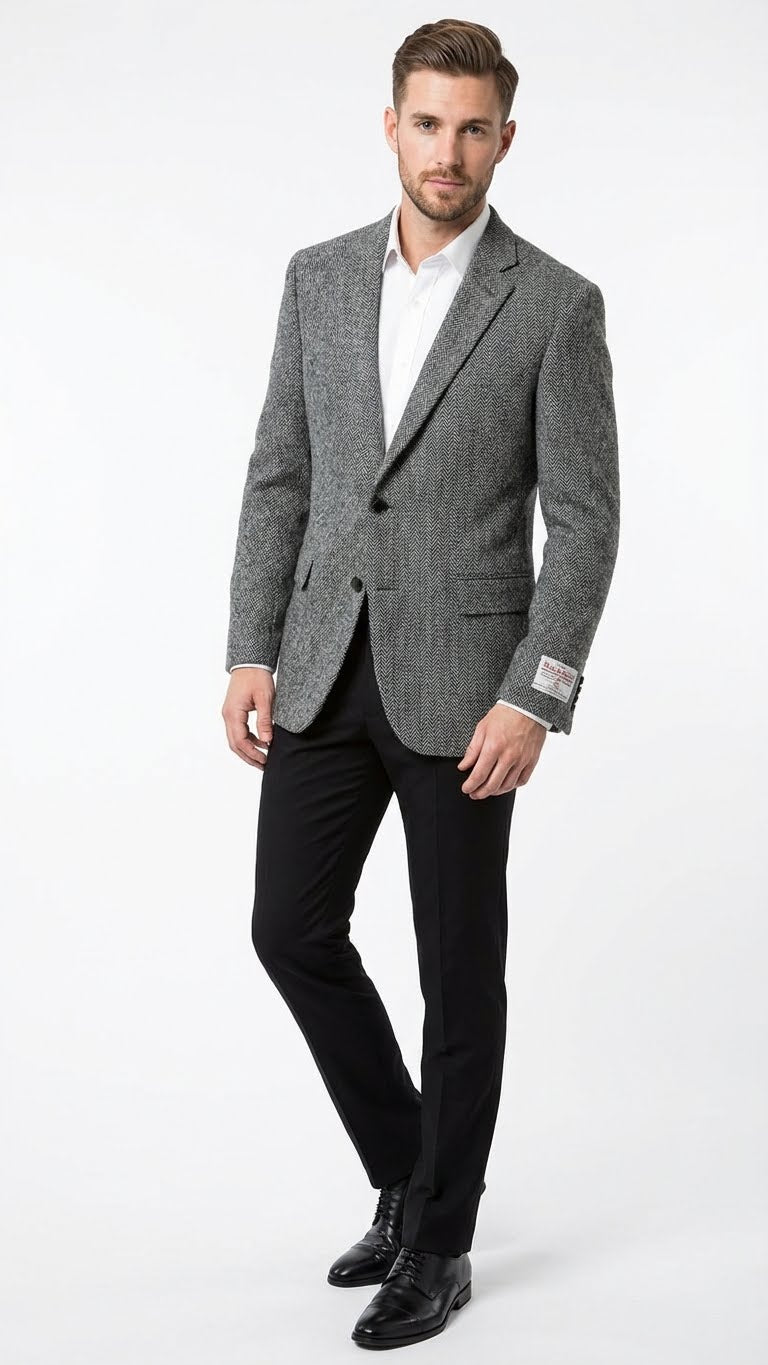 Men’s Grey Harris Tweed Blazer Jacket, Classic Herringbone Wool Sport Coat for Business Casual – SuitUSA