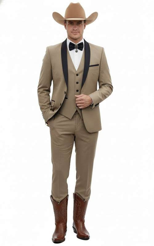 Mens Western Cowboy Suit β 3-Piece Tan Tuxedo with Black Lapel, Vest, and Pants Beige Color