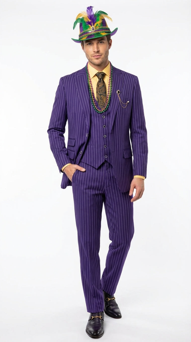 Men’s Purple Pinstripe Mardi Gras Suit | Three Piece Carnival Formal Suit with Vest