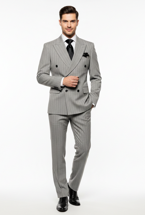 Men’s Grey and Black Pinstripe Double-Breasted Suit - 1920s Gangster Vintage Looking suit By Rossiman USA Men's Outlet