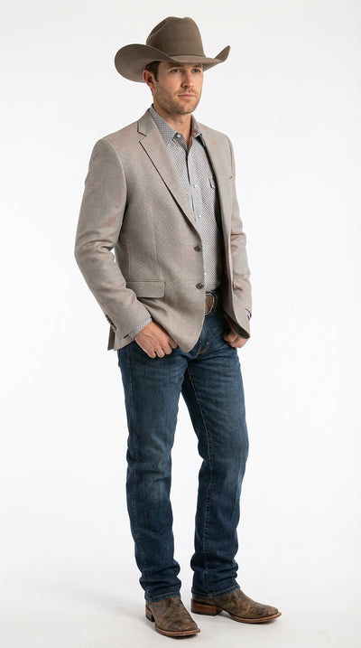 Mens Textured Light Grey Western Blazer – Cowboy Style Casual Sport Coat for Men Classic Western Jacket