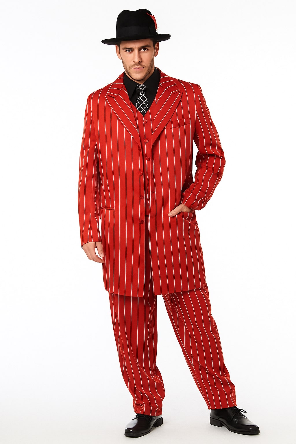 Men’s Red Pinstripe Zoot Suit – 1920s Gangster Pimp Style with Long Jacket & Matching Hat – SuitUSA