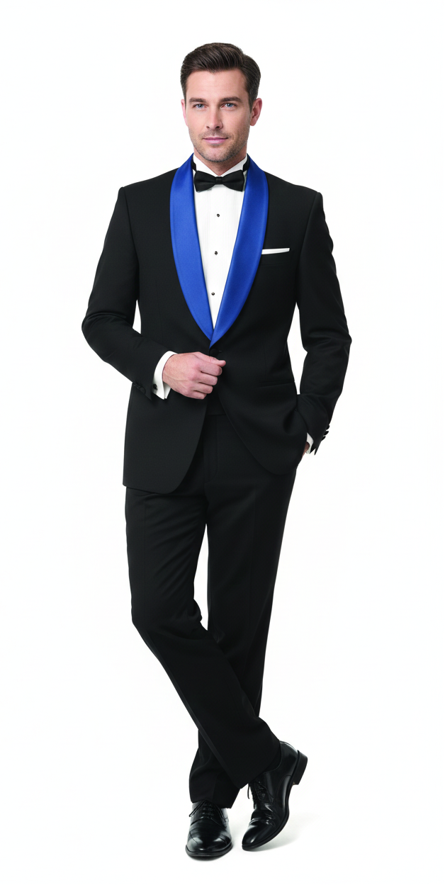Men’s Black Tuxedo with Royal Blue Shawl Lapel | Modern Formal Dinner Jacket Suit + Pants for Weddings, Proms – SuitUSA