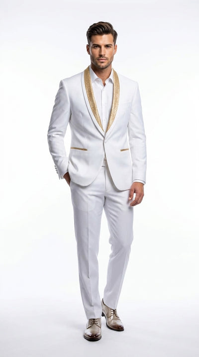 Menβs White and Gold Lapel 2-Piece Tuxedo Suit with Gold Glitter Shawl Lapel β Wedding, Prom and Dinner Jacket