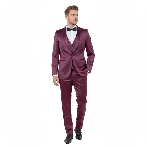 Mens Sateen Shiny Burgundy Slim Fit Tuxedo - Satin Shawl Lapel 3-Piece Suit by USA Men's Outlet