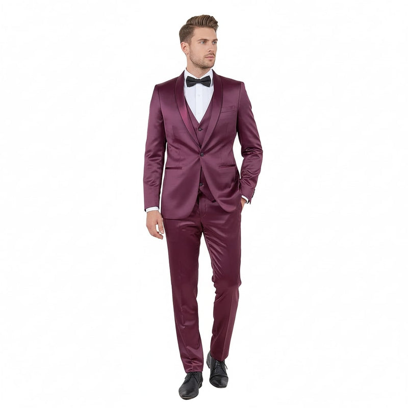 Mens Sateen Shiny Burgundy Slim Fit Tuxedo – Satin Shawl Lapel 3-Piece Suit