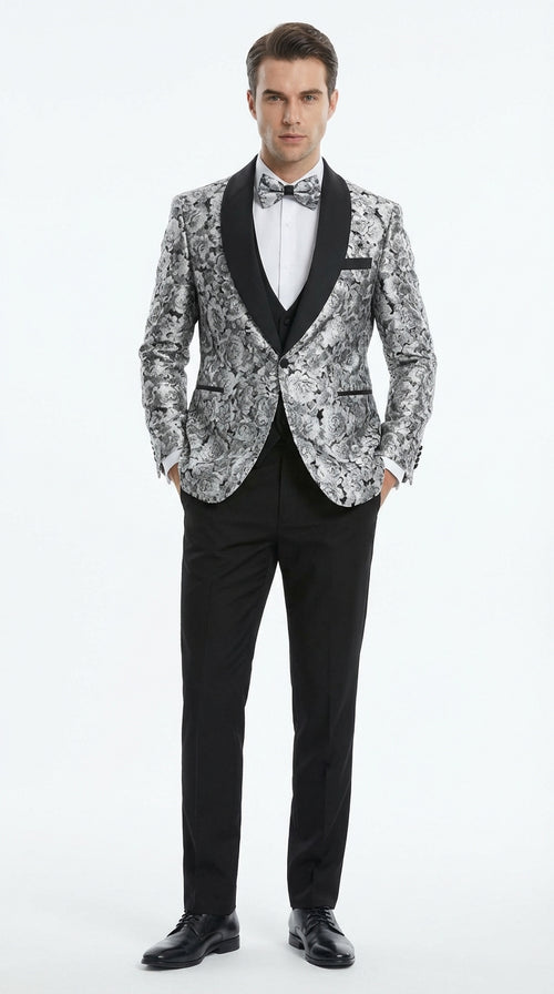 Mens Black and Silver Floral Tuxedo β Luxury Patterned Wedding, Prom and Formal Dinner Tuxedo