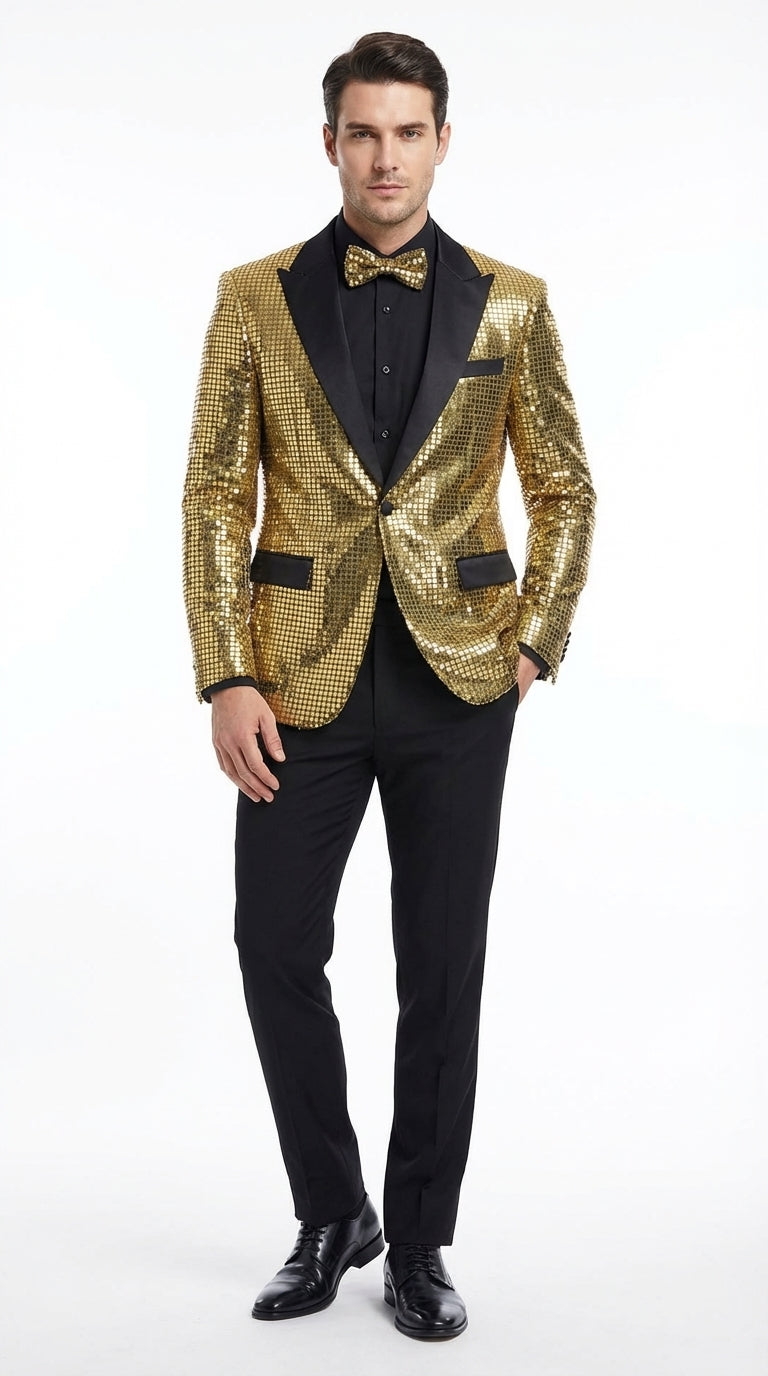 Mens Gold Sequin Blazer with Black Satin Lapel – Gold Formal Party Blazer Jacket for Prom, Wedding and Stage Events – SuitUSA